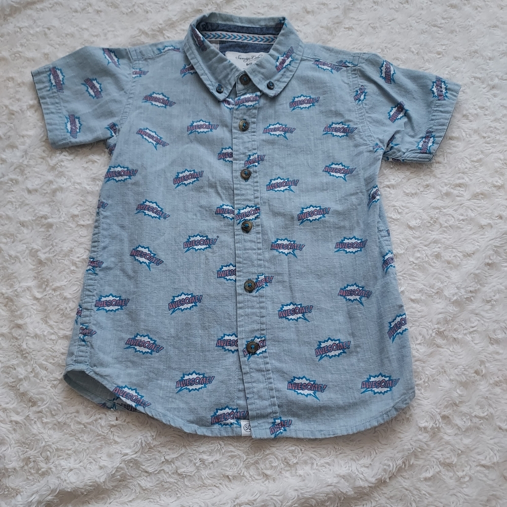 Sovereign Code Light Blue Short-Sleeve Button-Down Comic Boom 'Awesome' Graphic